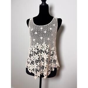 Vtg Y2K Fang Cream Open Knit Floral Crochet Flowy Racerback Tank Size S
